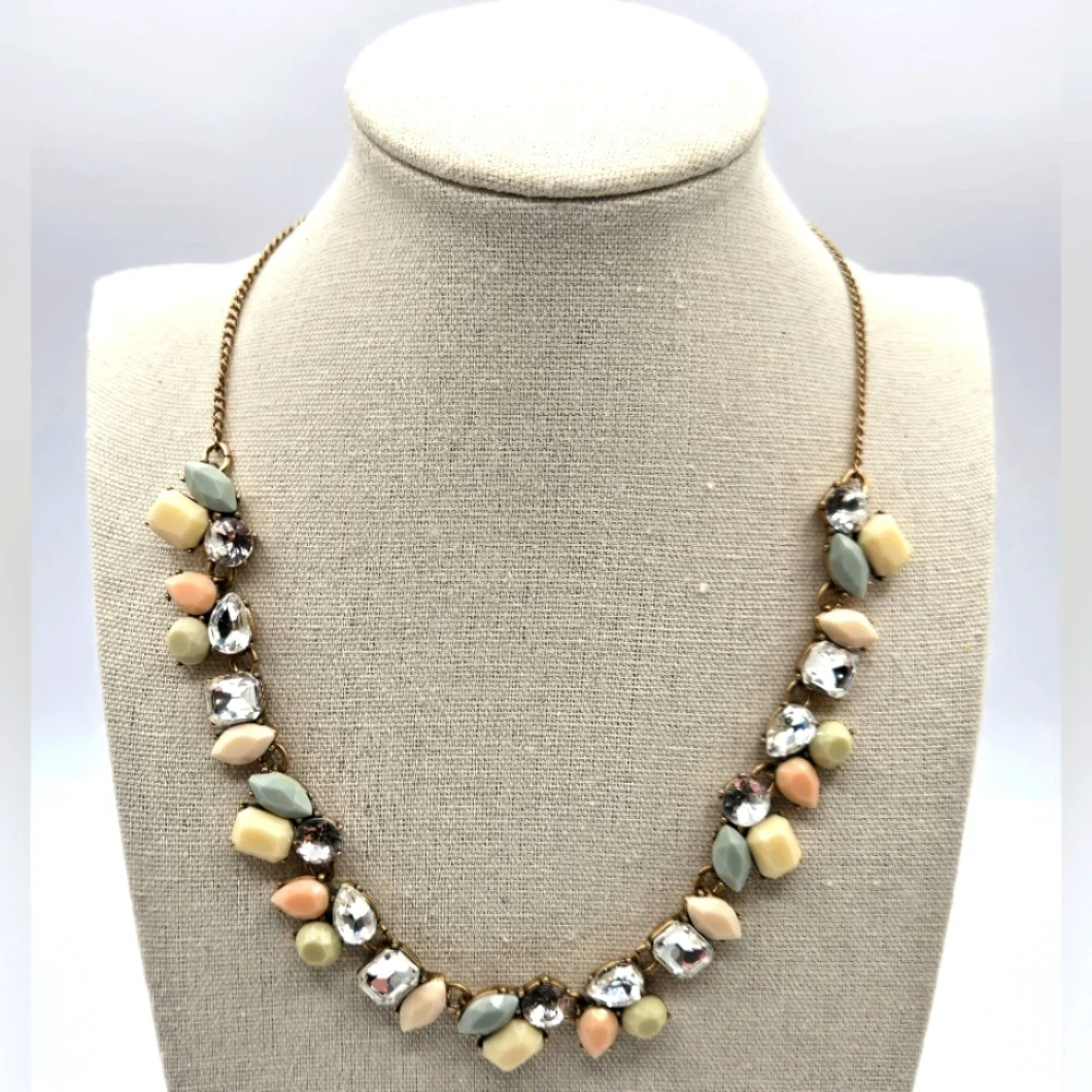 J. CREW VIntage Statement Necklace Faux Pastel Stones Rhinestones Gold Tone